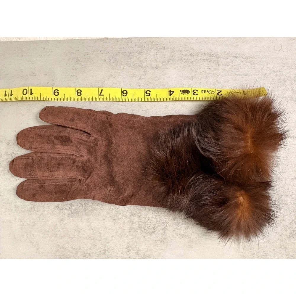 Vintage Women Genuine Leather Gloves Brown Rabbit Fur Fluffy Cuff Medium Winter